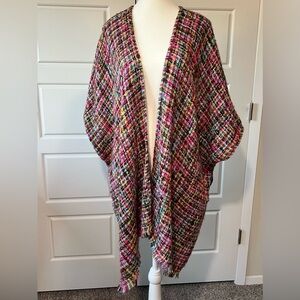 Colorful Tweed Kimono Open Front Fringe Trim Bohemian Festival Cardigan Shawl OS
